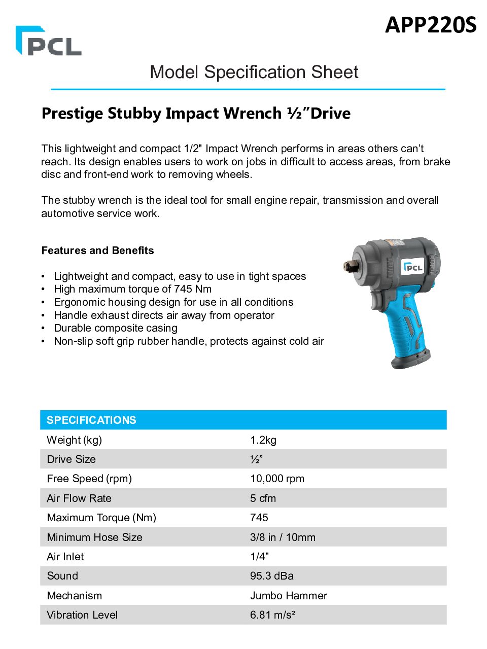 PCL APP220S Prestige Stubby Impact Wrench 1/2" Drive - Image 2